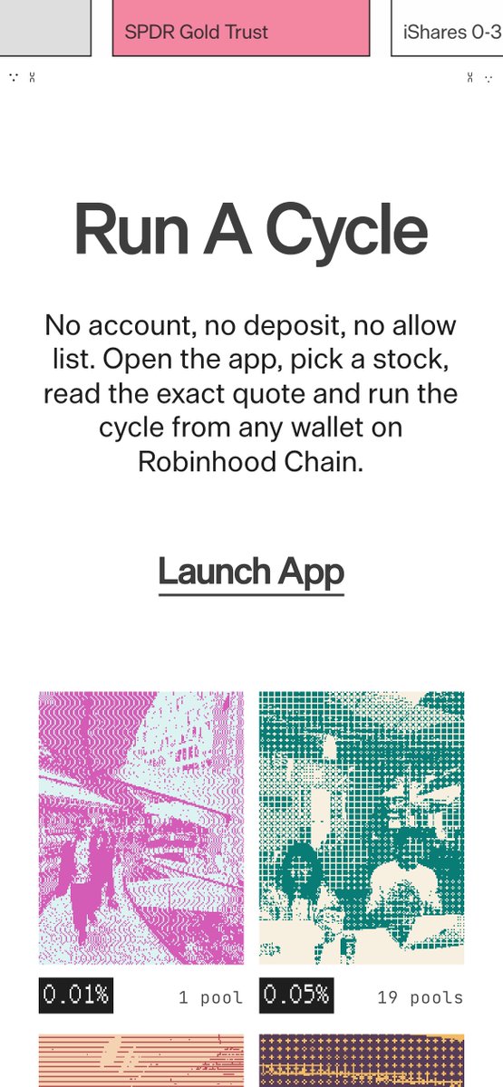 arbiodotsh's tweet photo. Nothing to sign up for. No account, no deposit, no allow list.

Open the app, pick a stock, read the exact quote, run the cycle from any wallet on Robinhood Chain. If the gap is gone before it lands, it reverts and costs only gas.

https://t.co/J3jlAiFjAP https://t.co/mlVC8vQmka
