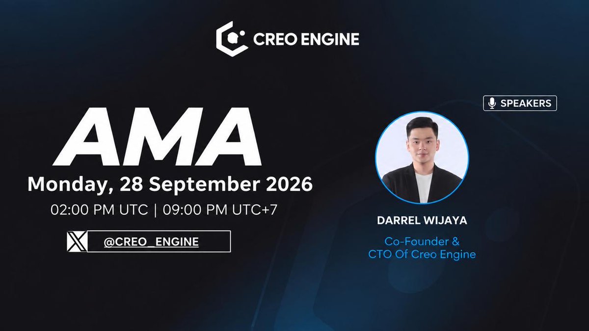 creo_engine's tweet photo. 𝐂𝐑𝐄𝐎 𝐄𝐍𝐆𝐈𝐍𝐄 𝐓𝐨𝐰𝐧𝐡𝐚𝐥𝐥!

We’ve been sharing more of what CreoPlay AI can become. Now, it’s time to talk about what we’ve actually been building.

Join our upcoming Townhall with @darrel_wijaya , Co-Founder & CTO of Creo Engine, as we discuss the latest development progress of CreoPlay AI, what the team has been working on behind the scenes, and where the product is heading next.

Monday, 28 September 2026
02:00 PM UTC | 09:00 PM UTC+7
Live on X! 

From turning prompts into playable experiences to building a workflow where creators can generate, refine, and publish their ideas, this session will give the community a closer look at the progress behind CreoPlay AI.

Got questions about CreoPlay AI? Drop them below!

See you at the Townhall.