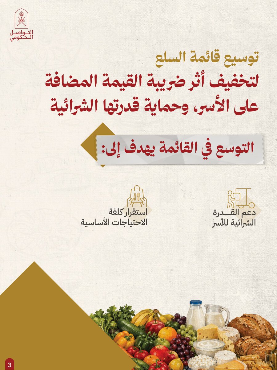 Oman_GC's tweet photo. لتخفيف أثر ضريبة القيمة المضافة على احتياجات الأسر الأساسية، رفعت الحكومة عدد السلع المشمولة بمعدل 0% إلى 1546 سلعة.

#التواصل_الحكومي https://t.co/QwXWWQCyMR
