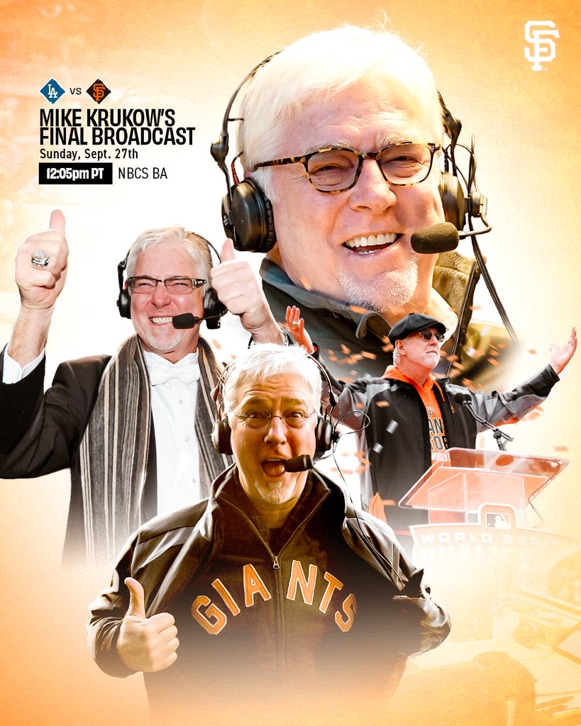 SFGiants's tweet photo. One final broadcast with Mike Krukow 🎙️ 

Tune in to @NBCSGiants at 12:05 p.m. to hear history 🧡 https://t.co/PZzGdZb3RM