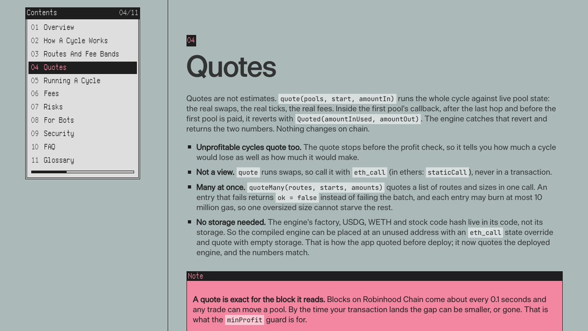 arbiodotsh's tweet photo. Negative quotes are useful too.

The engine's quote stops before the profit check, so it shows what a cycle would lose as well as what it would make. And quoteMany prices a list of routes and sizes in one call, where a failing entry cannot sink the rest.

https://t.co/8YeyyGFYmL https://t.co/ZKaCKgz5cL