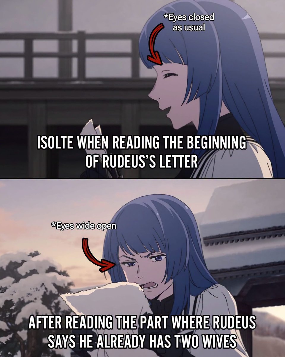 Olamilekan4275's tweet photo. Isolte calmly read Rudeus’ letter to Eris, eyes closed and expression completely composed… until she reached the part where he revealed he already had two wives and wanted Eris to become his third. 😭

Her eyes immediately opened. 💀

As a devout follower of the Millis faith who deeply cared about Eris, Isolte saw Rudeus’ proposal as incredibly disrespectful.

And that was the exact moment Rudeus’ number-one hater was born. 😂🔥