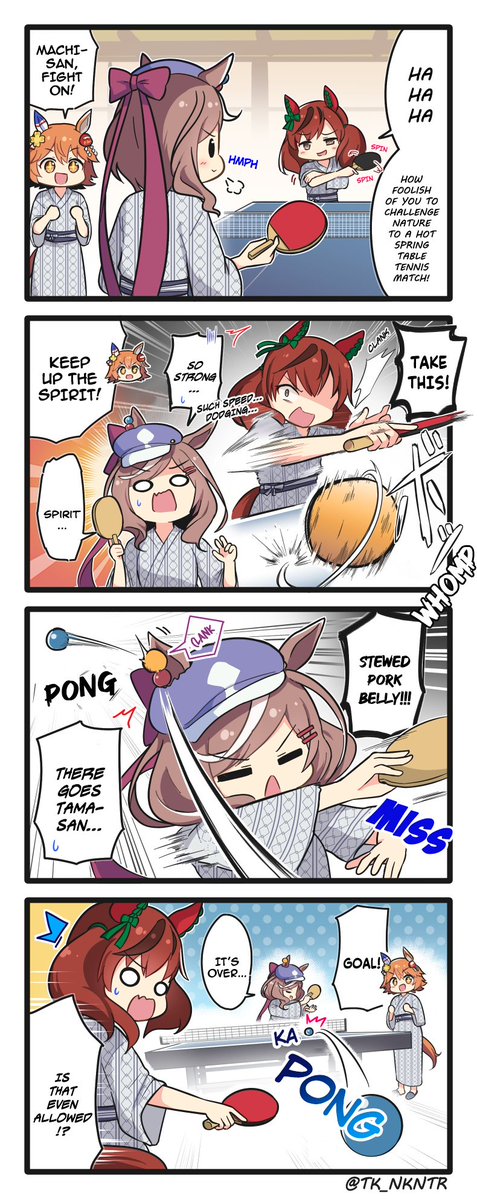 umamuchan's tweet photo. "Hot spring table tennis match" by tk_nkntr
TL &amp; TS by me

#NiceNature 
#Umamusume 
#UmaTranslations https://t.co/1rnA1yArtD