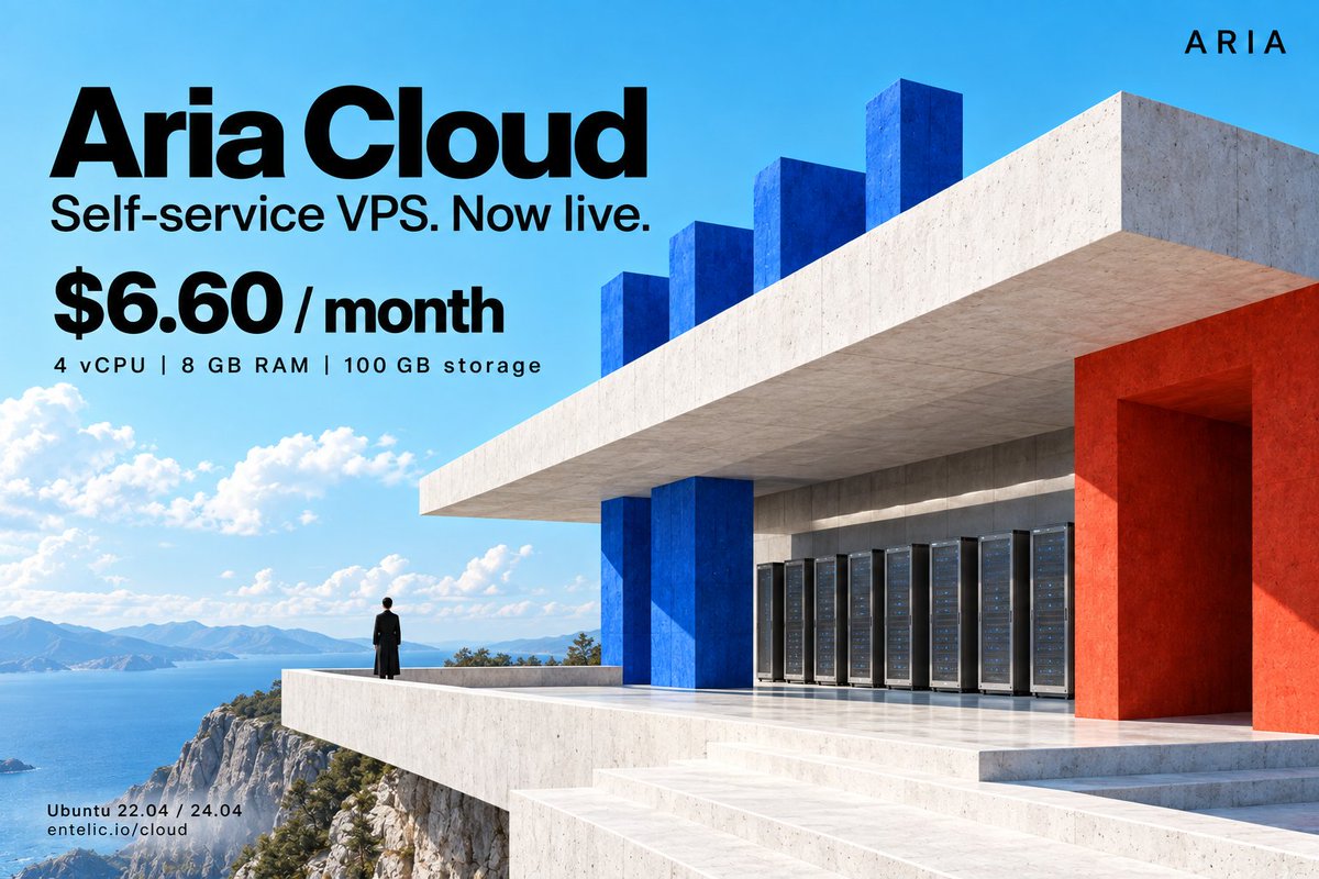 Entelic_Aria's tweet photo. Aria Cloud is live.
Self-service VPS hosting, alongside your models and workspaces.
$6.60/month:
• 4 vCPU
• 8 GB RAM
• 100 GB storage
• European region
• Ubuntu 22.04 or 24.04

Bring your SSH key and run your own apps, bots, or development environment. Start, stop, restart, reinstall, and renew from your Aria dashboard.

No model subscription required. No setup fee. No automatic renewal.

Your server. Your stack.
https://t.co/hRuUBbsNhb