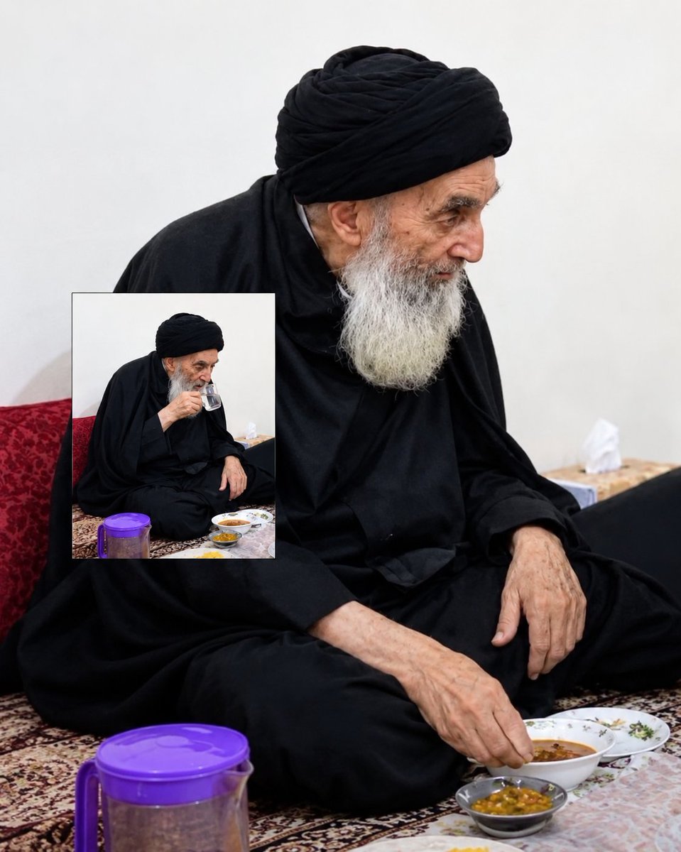 basrafirst's tweet photo. بوجبة غداء بسيطة.. صور المرجع الأعلى السيد السيستاني تجسد معاني التواضع

#البصرة_أولاً https://t.co/XqErpUMnzL