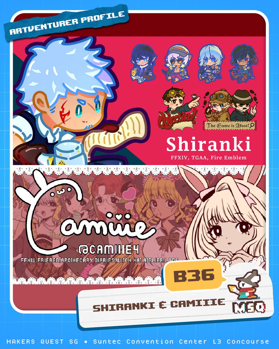 MakersQuestSG's tweet photo. ✨Quest:Find your friends, enemies and companions along the way!✨

B31- Berrybooze
A31- Etroveria &amp; Starlightchi
B37- Gaelicatnip
B36- ShiranKi &amp; Camiiie

📍Makers Quest SG
Suntec Concourse L3
17 Oct 2026
10am-7pm
Check out the full map on our website! Link in profile #msqsg2026 https://t.co/CpXfv3cIcP