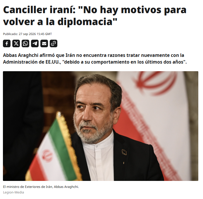 ActualidadRT's tweet photo. ❗️ Irán ya no tiene ninguna razón para volver a la diplomacia, declaró este domingo el canciller del país persa, Abbas Araghchi

"En 2025 ofrecieron negociar. Aceptamos y entramos en negociaciones. Y luego, en plena negociación, nos atacaron", recordó. https://t.co/6ejvQF0jAr