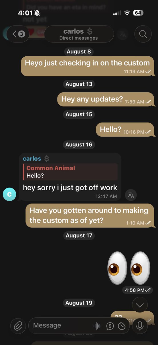 Commonanimal29's tweet photo. User @slightcarlos runs a scam DO NOT BUY FROM HIM after i had made a post exposing him to his X group chat he muted chat and deleted all the screenshots saying “its a misunderstanding” when then calling him out further i was removed from the chat I have not spoken to him since https://t.co/52yNDQdcBL