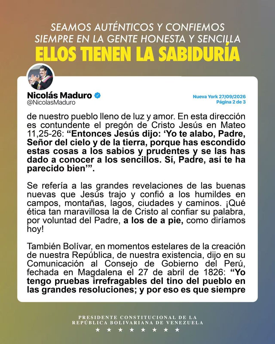 NicolasMaduro's tweet photo. Seamos auténticos y confiemos siempre en la gente honesta y sencilla. Ellos tienen la sabiduría.

Que el espíritu original de Cristo Jesús, de Simón Bolívar y la sabiduría de los de a pie sigan marcando la nueva historia de renacer de Venezuela. https://t.co/u5Sf9tlmSb