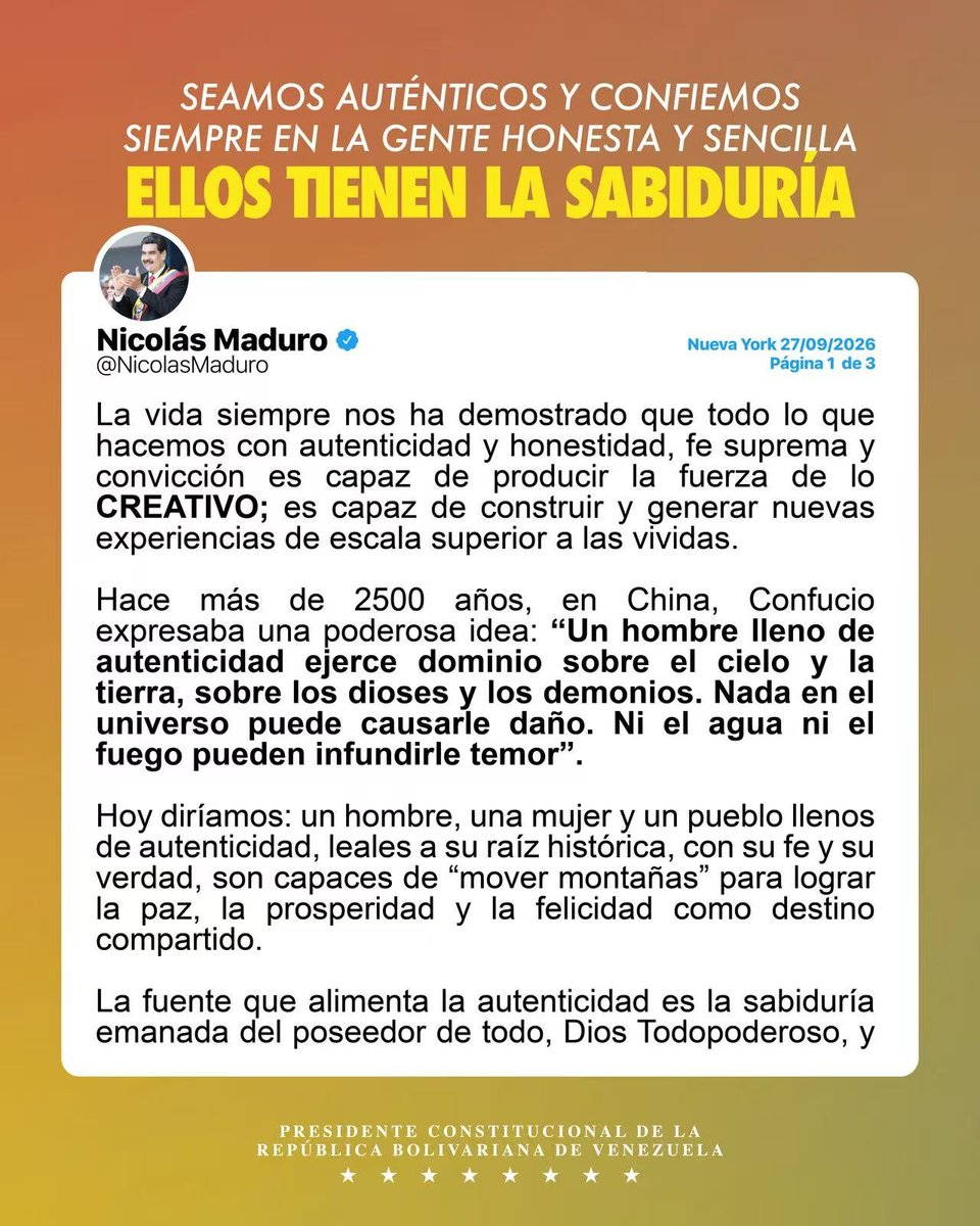 NicolasMaduro's tweet photo. Seamos auténticos y confiemos siempre en la gente honesta y sencilla. Ellos tienen la sabiduría.

Que el espíritu original de Cristo Jesús, de Simón Bolívar y la sabiduría de los de a pie sigan marcando la nueva historia de renacer de Venezuela. https://t.co/u5Sf9tlmSb