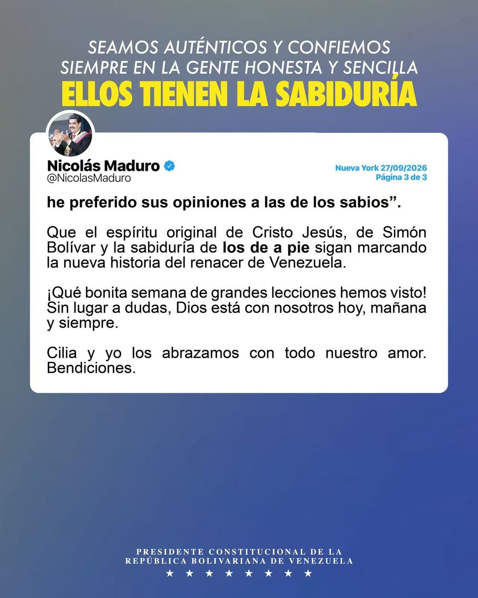 NicolasMaduro's tweet photo. Seamos auténticos y confiemos siempre en la gente honesta y sencilla. Ellos tienen la sabiduría.

Que el espíritu original de Cristo Jesús, de Simón Bolívar y la sabiduría de los de a pie sigan marcando la nueva historia de renacer de Venezuela. https://t.co/u5Sf9tlmSb
