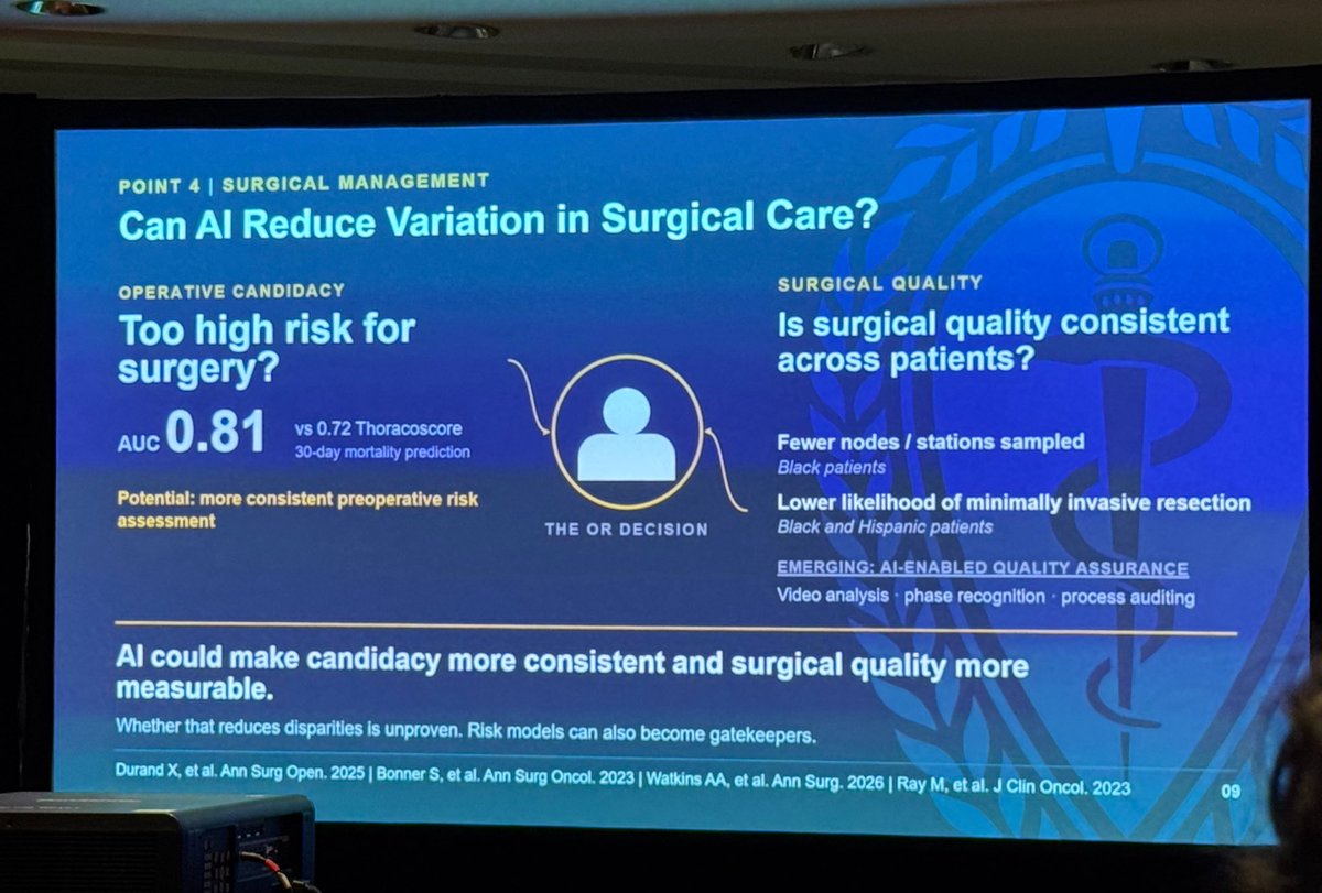 ChiFuJeffYang's tweet photo. Dr. Pat Seastedt (@SeastedtMD) gave a thought-provoking talk at #ITSOS2026 on where AI could change thoracic care: risk-based screening eligibility; NLP to find eligible patients missed by structured EHR data; AI-assisted CT interpretation, which may reduce missed referrals; more consistent preoperative risk assessment; and potentially measurable surgical quality through video analysis and process auditing.

His caution was clear: AI can make care more consistent without making it more equitable. We need to measure who benefits at every step, validate subgroup performance locally before and after deployment, and have thoracic surgeons help lead implementation.