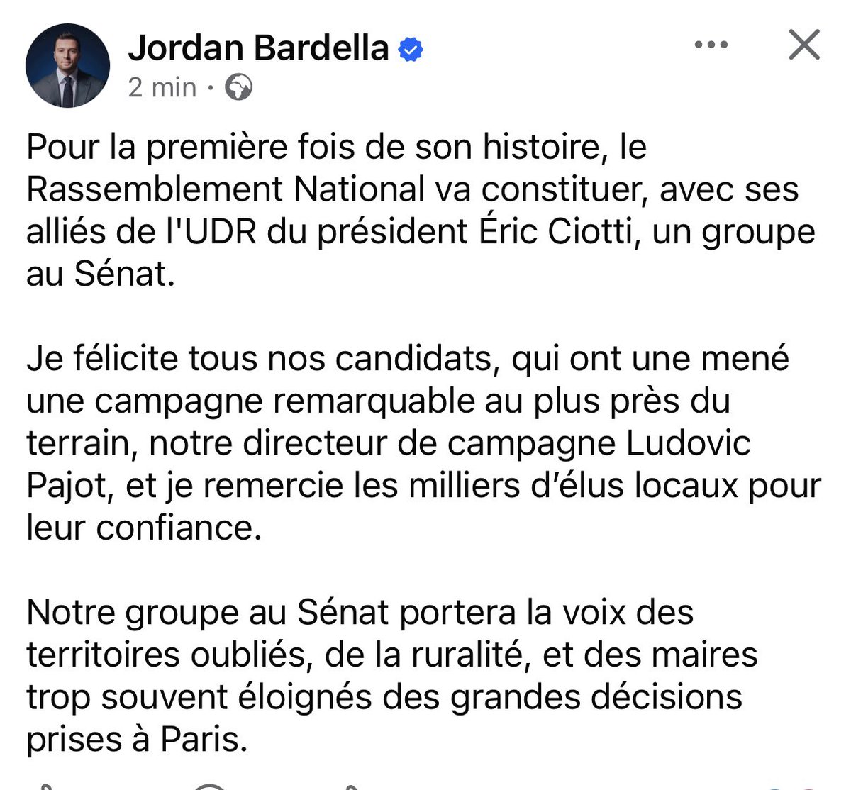 Frontieresmedia's tweet photo. 🚨 ALERTE - Pour la première fois de son histoire, le RN va constituer un groupe au Sénat annonce Jordan Bardella. https://t.co/sMshRBWQLw