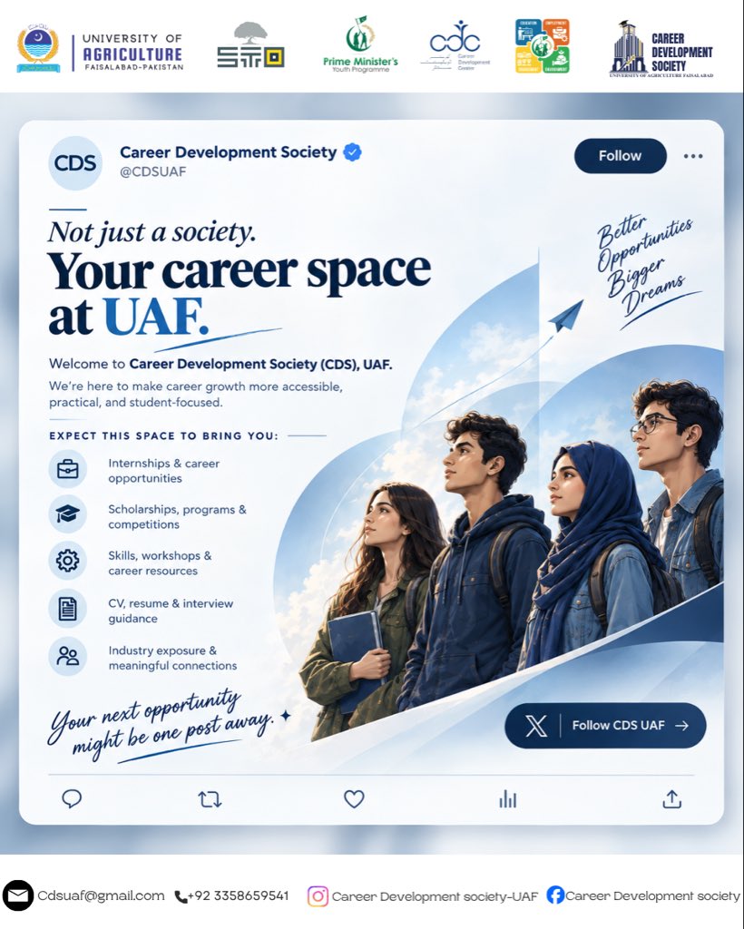 CDS_UAF's tweet photo. 𝐂𝐃𝐒 | 𝐔𝐀𝐅
Your space for what’s next.
Internships. Scholarships. Skills. Careers. Opportunities.
From discovering the right opportunity to building the skills to pursue it — CDS brings career resources closer to
students.
Follow us to stay ahead of opportunities ! https://t.co/uxBeuvgFZO