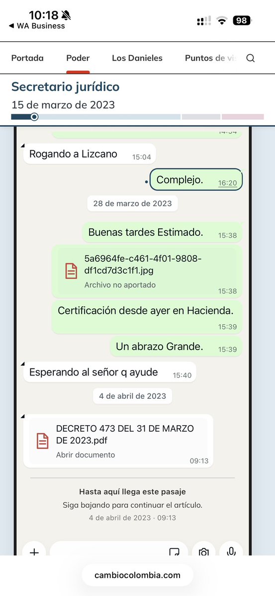 DavidGerardoC's tweet photo. Los chats revelados por @estoescambio demuestran la presunta participación del actual magistrado de la Corte Constitucional, Vladimir Fernández, cuando era secretario jurídico del expresidente Petro, revelando que:

1. Tuvo injerencia en el nombramiento de Olmedo López como superintendente.
2. Tras caerse ese nombramiento (pese a existir decreto), intervino para asignarle un cargo directivo.
3. Dicho cargo directivo fue, nada más y nada menos, que en la UNGRD.
4. Olmedo López ya está condenado por corrupción dentro de esa misma entidad.
5. Esa red de corrupción es la que hoy salpica directamente a Vladimir Fernández.

https://t.co/g8Xckf230r.