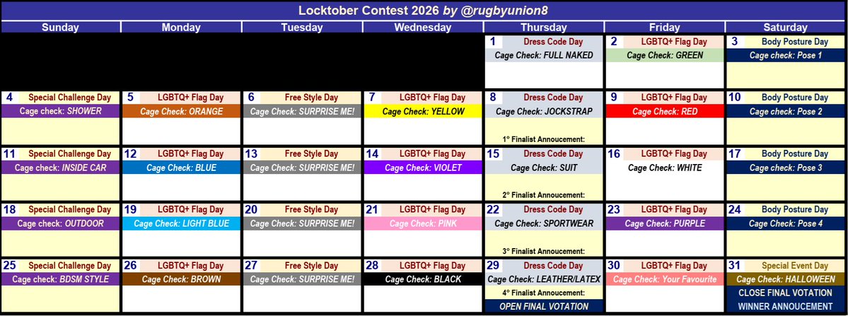 rugbyunion8's tweet photo. Locktober is coming, and I've decided to launch the 4th edition of my #Locktober #Contest of Cage Checks🔒
Here's the Calendar of challenges, and I open thread below to explain🧵
General Rules, How to Win, and the Types of Challenges.
RT and ask me any questions in the comments👇 https://t.co/qvzdVXjrxp