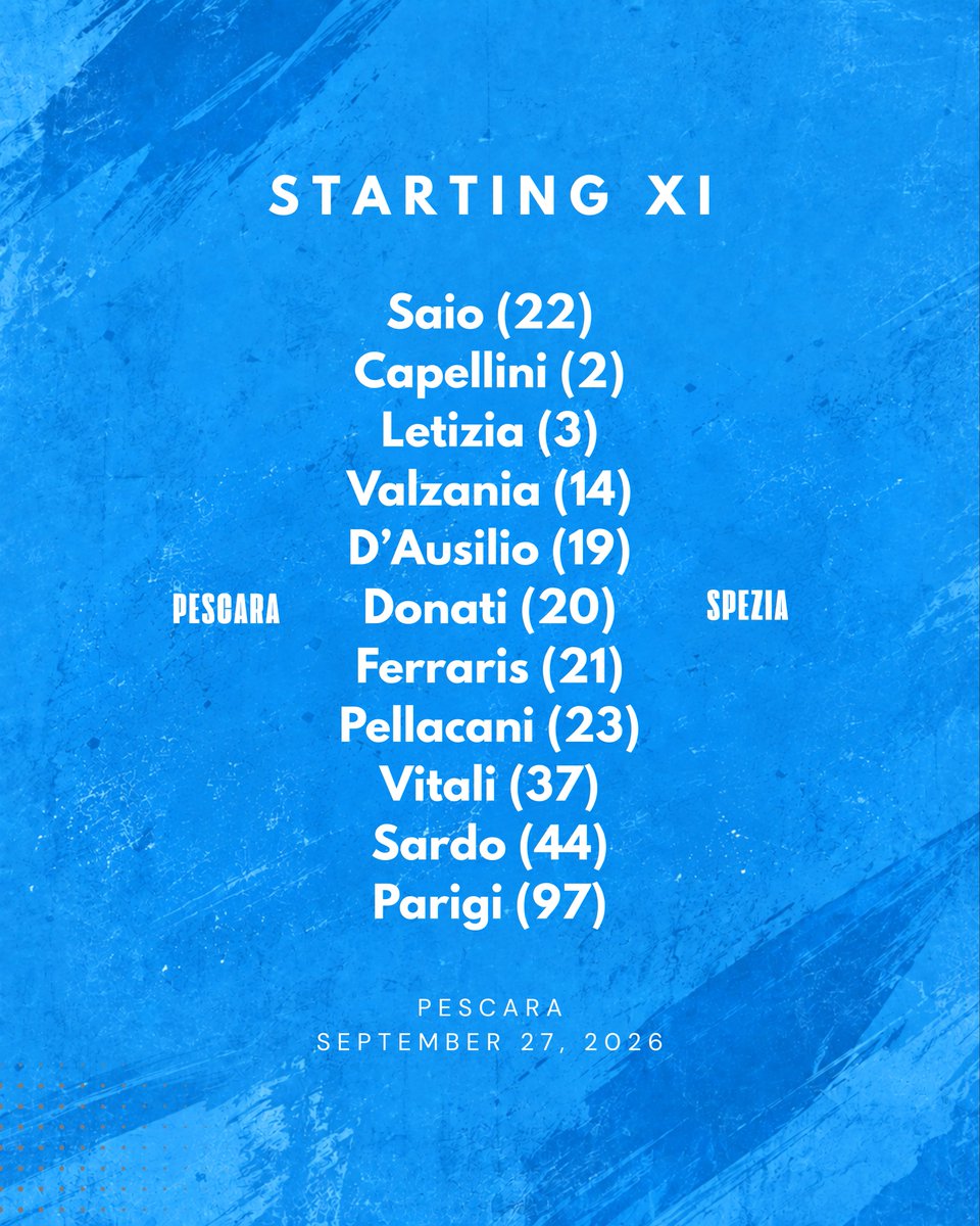 PescaraCalcio's tweet photo. Starting XI 🤍💙

#PescaraSpezia https://t.co/cB6m5XSl2S