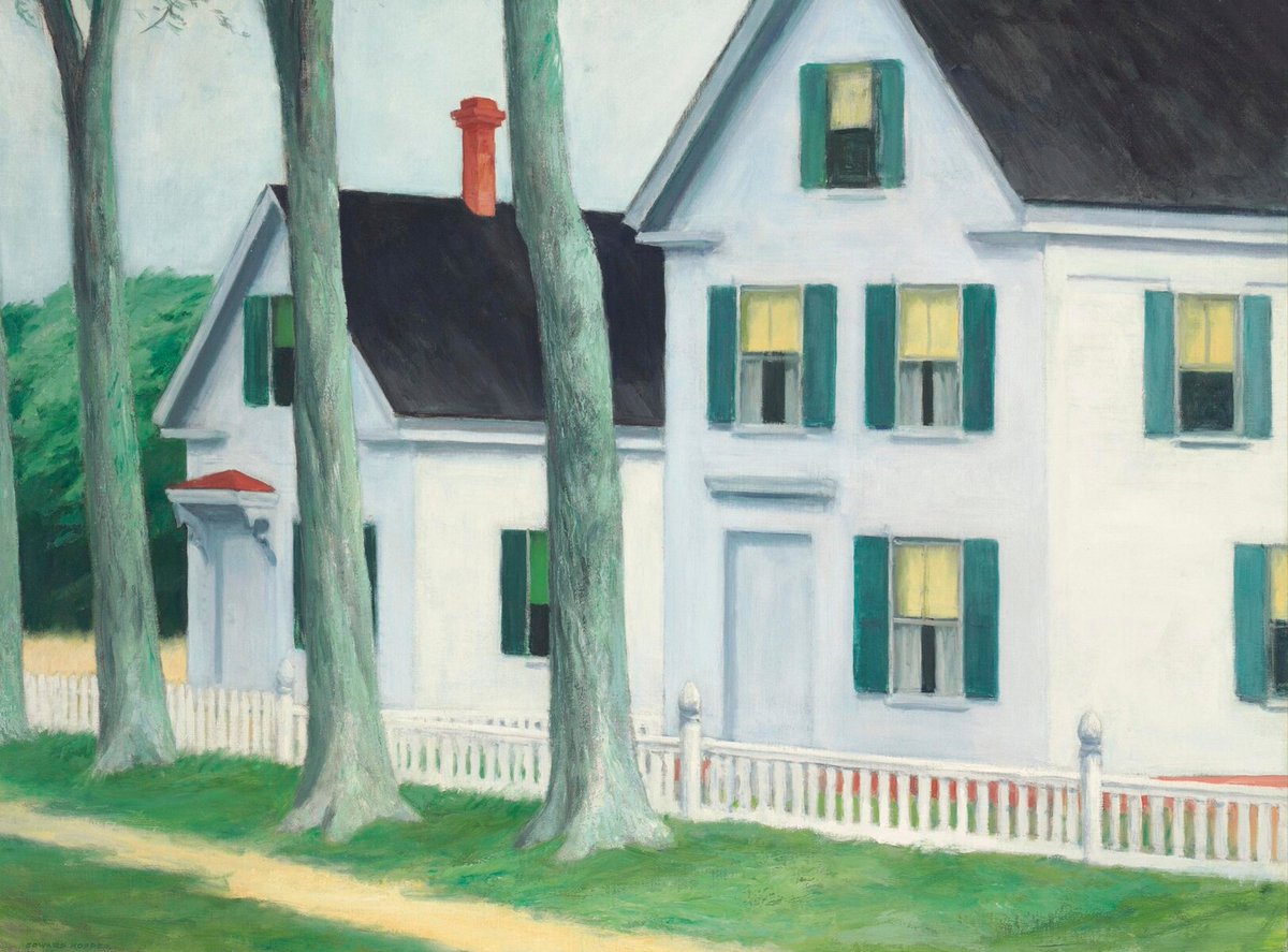artisthopper's tweet photo. Hopper's Two Puritans (1945) shows a pair of gabled Cape Cod houses. Their stark white forms evoke New England austerity amid modernizing consumerist America. Hopper gives them human presence—the taller looks stern and watchful, the smaller timid and reserved. #artbots #hopper https://t.co/Ti7fS30hIE