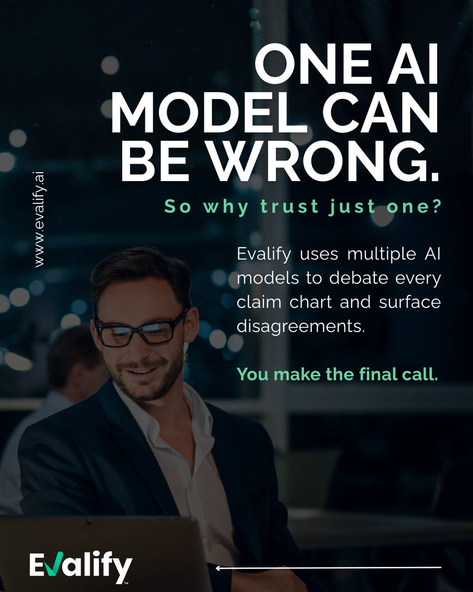Evalifyai's tweet photo. AI shouldn't just give you an answer and ask for trust.

For critical FTO work, Evalify runs multiple AI models against claim charts to highlight where they disagree—giving IP attorneys extra leverage to exercise their expertise.

#PatentLaw #LegalTech #IPLaw #Evalify https://t.co/bVfdKJiDLN