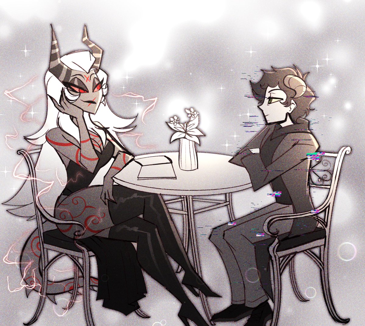 CleoTheEmpress0's tweet photo. A meeting of kindred wayward souls.

(Beautiful Commission made by @DanielaReascos3 ! Thank you again for this piece of Isabella and my friend's OC, Kiroth!)
#HazbinHotel #HazbinHotelOC #Hellaverse https://t.co/0m9lGzzhOg
