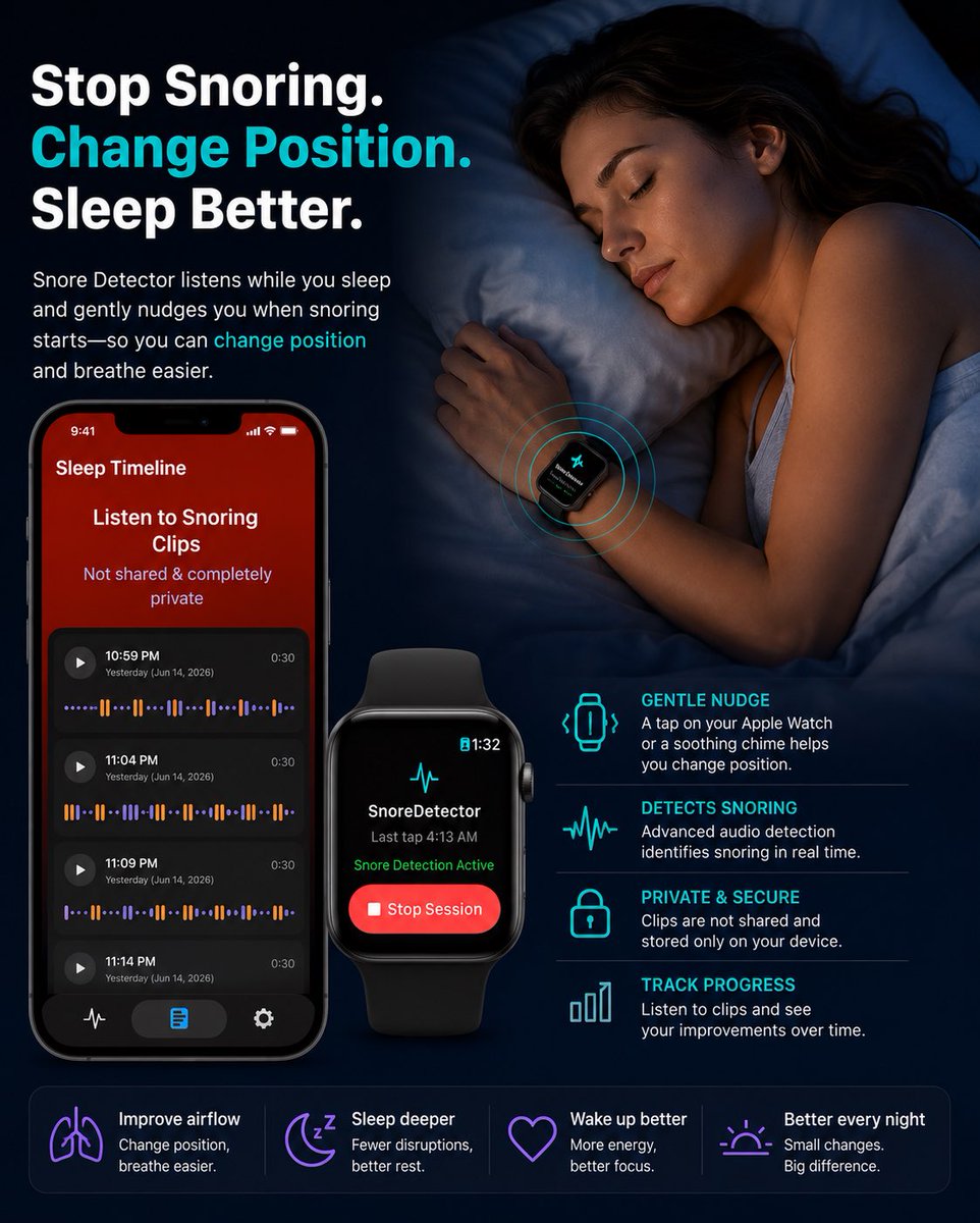 StatsTeslaApp's tweet photo. I snore and this app helped me. It gently taps on my wrist when I snore and I change my position to sleep on my side and I stop snoring. 
https://t.co/To1NPbUtP6 https://t.co/nsXGsUG2iX