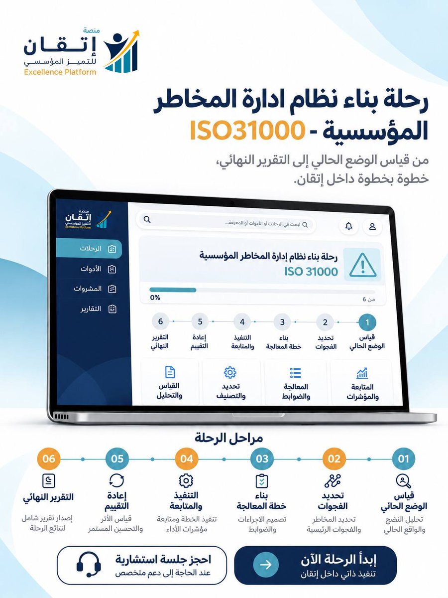 ExcellencePlat's tweet photo. عندكم سجل مخاطر… لكن هل عندكم نظام لإدارتها؟
ابدأ رحلة بناء نظام إدارة المخاطر المؤسسية وفق ISO 31000 في منصة إتقان، من قياس الوضع الحالي إلى التقرير النهائي.
رحلة ذاتية التنفيذ مع إمكانية حجز جلسة استشارية.
https://t.co/yi70pqd7Nh⁠

#منصة_إتقان #إدارة_المخاطر #ISO31000 https://t.co/i2lWsWzVz3