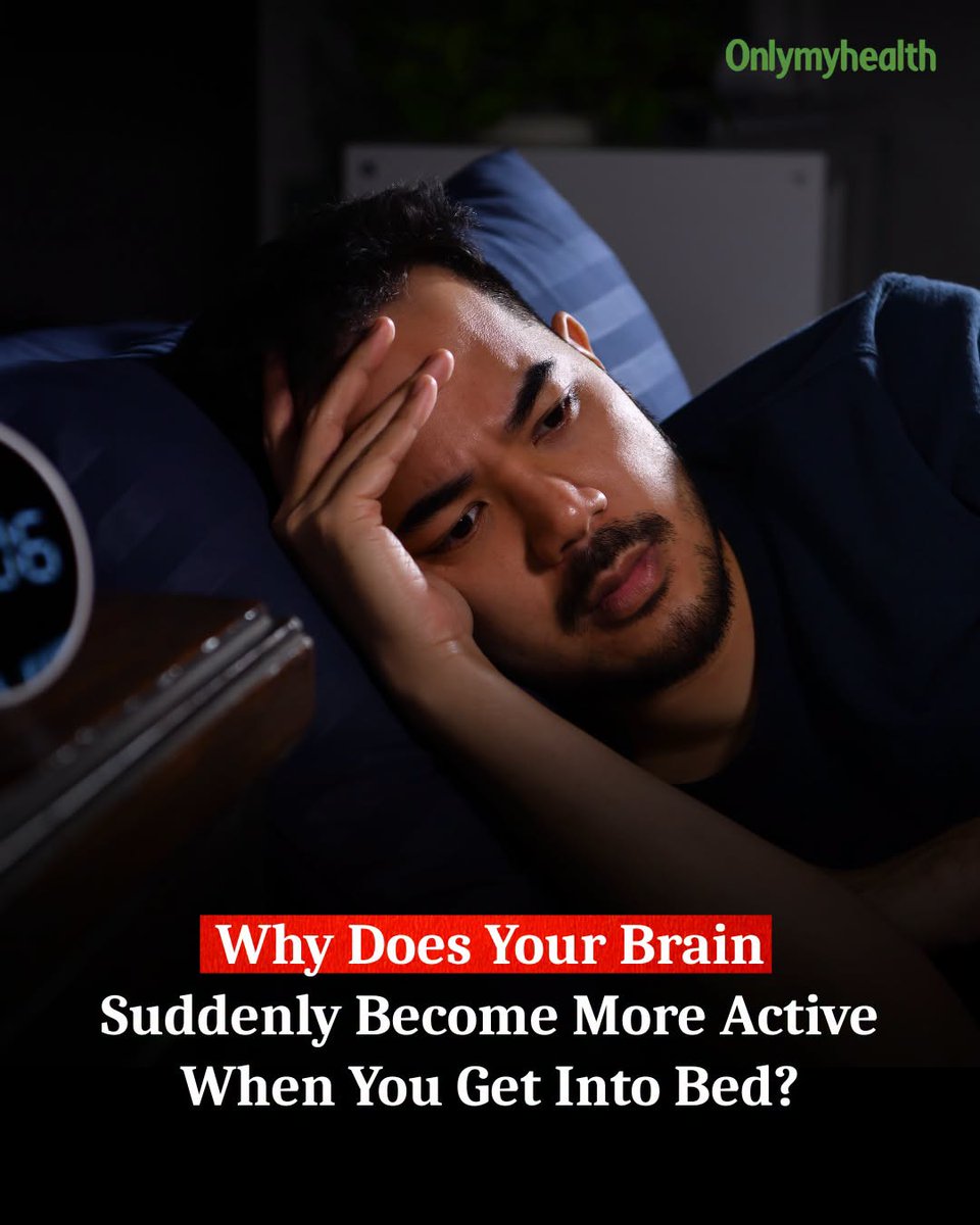 onlymyhealth's tweet photo. Why does your brain get so active the moment you lie down? 🌙🧠
With fewer daytime distractions, pending tasks, worries and random thoughts can suddenly feel louder. Stress and worrying about sleep can also keep your mind alert.
#SleepHealth #BetterSleep #SleepTips https://t.co/xEMB4OJrLj
