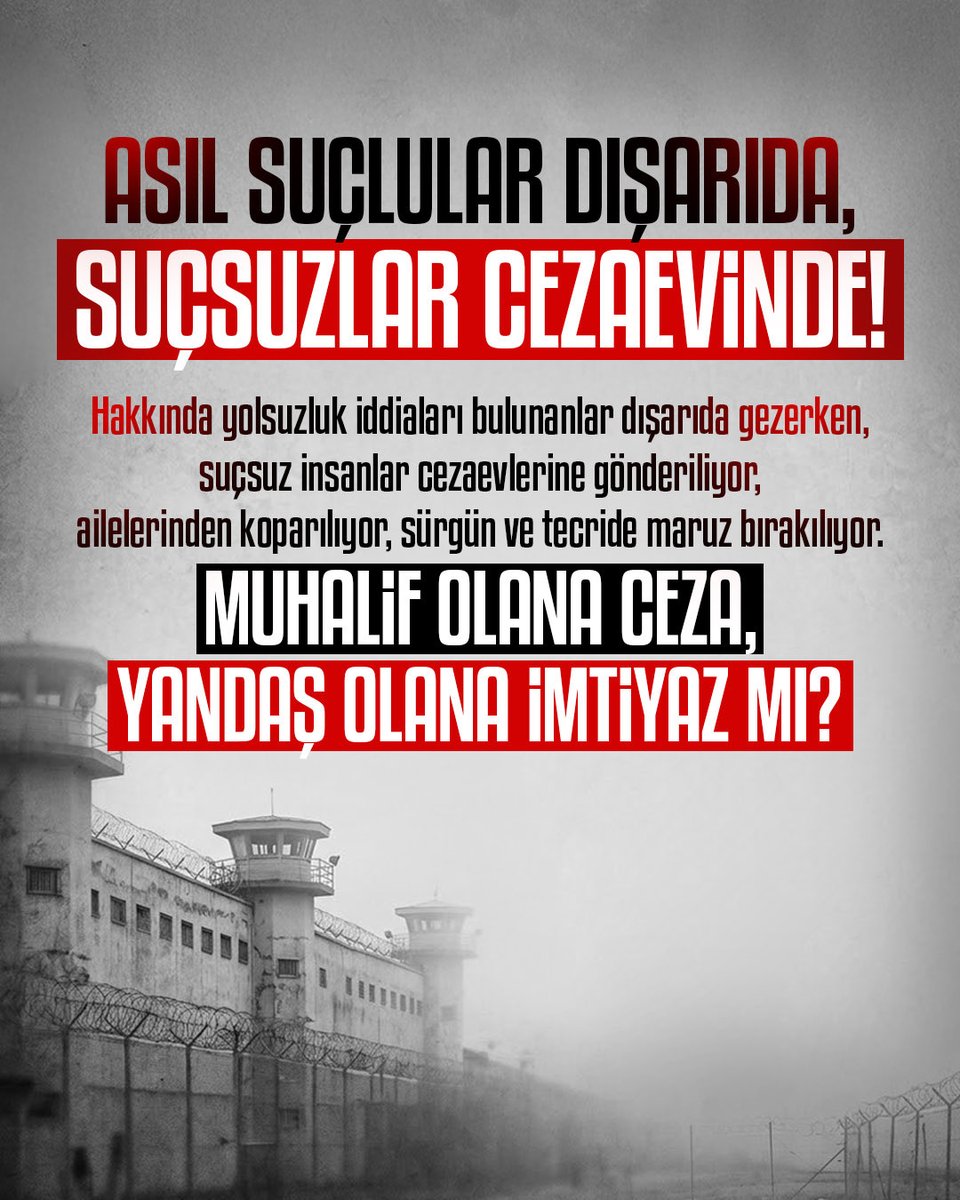 furkanhareketiT's tweet photo. ASIL SUÇLULAR DIŞARIDA,
SUÇSUZLAR CEZAEVİNDE!

Hakkında yolsuzluk iddiaları bulunanlar dışarıda gezerken,
suçsuz insanlar cezaevlerine gönderiliyor,
ailelerinden koparılıyor, sürgün ve tecride maruz bırakılıyor.

MUHALİF OLANA CEZA,
YANDAŞ OLANA İMTİYAZ MI?

#YargıEliyleZulüm
AkpUlkeye NeKazandırdı
AkpDönemi ZulümDönemi