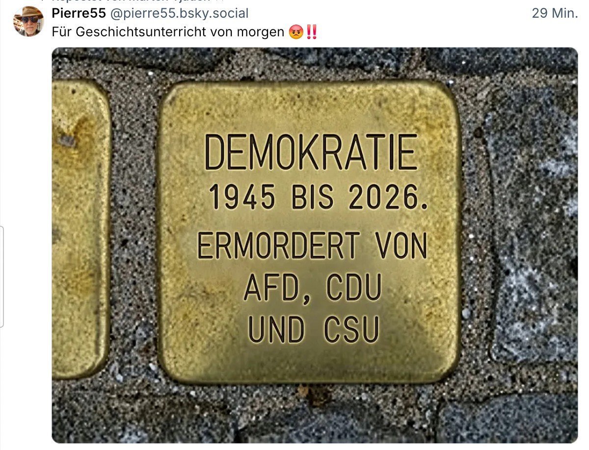 Climate_Inform's tweet photo. Es ist schwer, die CDU hier zu verteidigen.

Wenn sie Stolpersteine verbietet, ist es meiner Meinung nach sogar unmöglich sie noch zu verteidigen. 

Wer mahnende Kunst verbietet, der rollt dem Rechtsextremismus den roten Teppich aus, nicht wahr? https://t.co/PgsAVuR7Q8