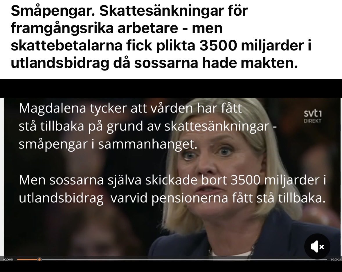 NorvellTommy's tweet photo. ⚠️Den fruktansvärda lögnaren Magdalena Andersson i media:

- skattesänkningar för Jimmie Åkesson och Ulf Kristersson.
- vården har fått stå tillbaka för skattesänkningar.

Själv har S betalat ut 3500 Miljarder till bistånd och sänkt pensionerna…och massinvandring🤮 https://t.co/93KIJ0l9Og
