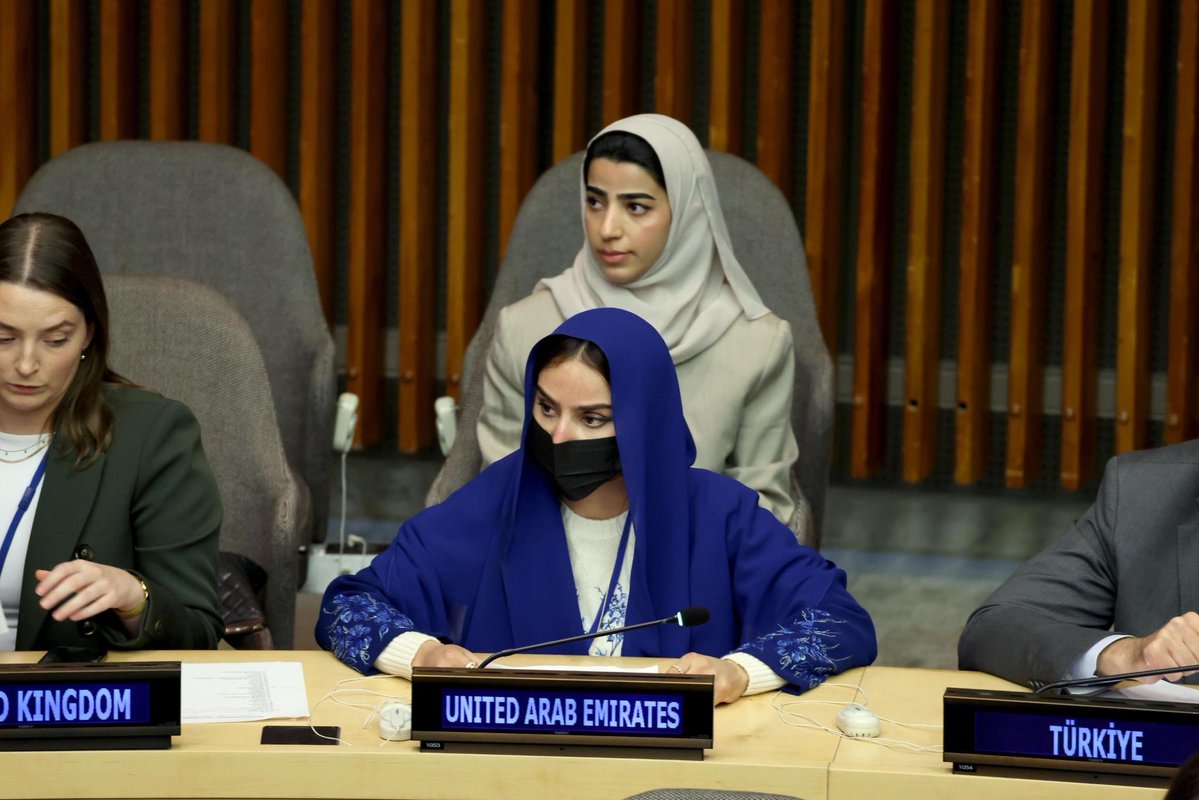 UAEMissionToUN's tweet photo. At #UNGA81, Sheikha Dr. Moza bint Tahnoun Al Nahyan, advisor at the UAE Ministry of Foreign Affairs, joined the Ministerial Meeting of @UNRWA, co-hosted by the Foreign Ministers of Jordan, Spain, and Brazil alongside UN Secretary-General @antonioguterres.

#UAExUNGA81 https://t.co/0nyOYMTirU