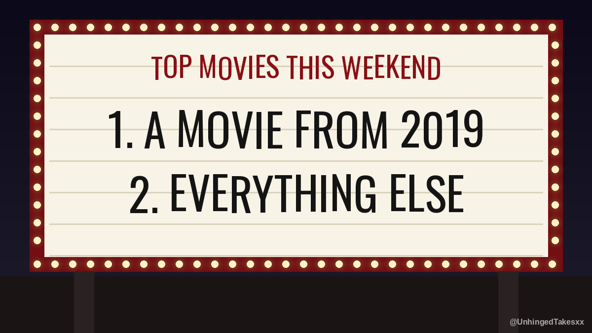 UnhingedTakesxx's tweet photo. @MarvelStudios the #1 movie in the world this weekend came out in 2019 https://t.co/63jaWvoEw7