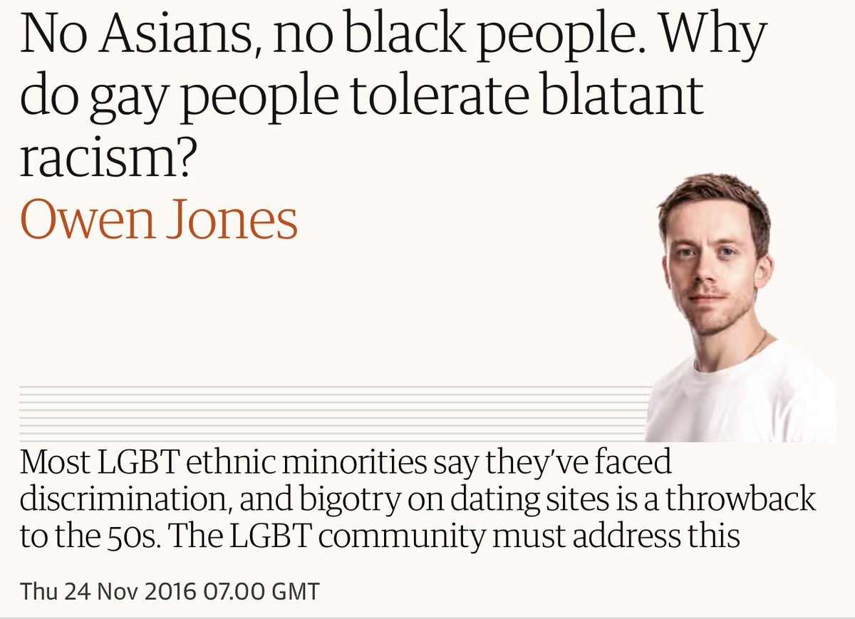 owenjonesjourno's tweet photo. Here’s a column I wrote about gay men writing off sexual partners based on race. 

Are those claiming it’s misogyny to describe prejudice against bi people going to accuse me of homophobia?

https://t.co/eXVjMtxPZR https://t.co/9LhLI7717k
