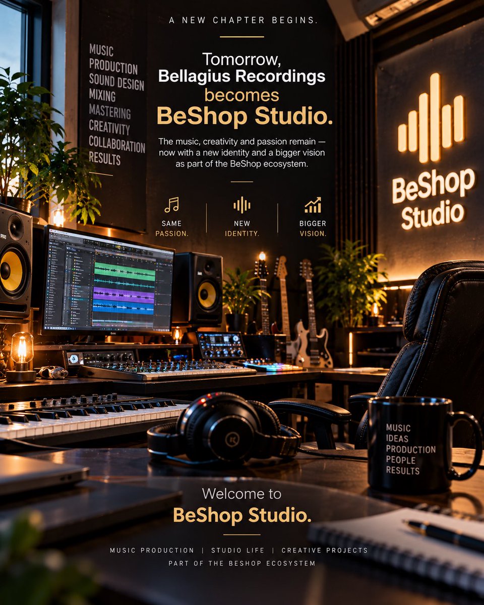 beshopstudio's tweet photo. A New Chapter Begins.

Tomorrow, Bellagius Recordings becomes BeShop Studio.

The music, creativity and passion remain now with a new identity and a bigger vision as part of the BeShop ecosystem.

Same passion. New identity. Bigger vision.

Welcome to BeShop Studio. https://t.co/MOmXDunqDu