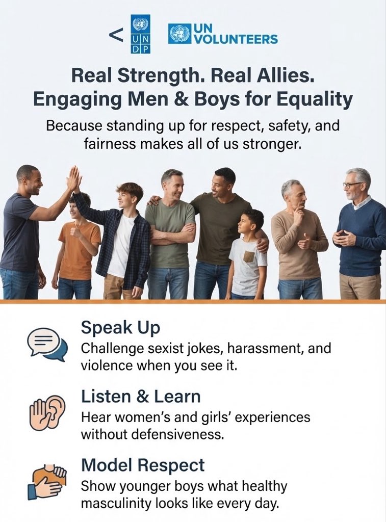 Perry__Awa's tweet photo. Real strength isn’t about dominance.
It’s about standing up for respect, safety, and fairness.
Men and boys:
Speak up.
Listen.
Model respect.
Allies aren’t born they’re made by the choices we make every day.
@beng_primus @UNDP @UN_Cameroon
#EngagingMenAsAllies #RealStrength https://t.co/775YEoin3k
