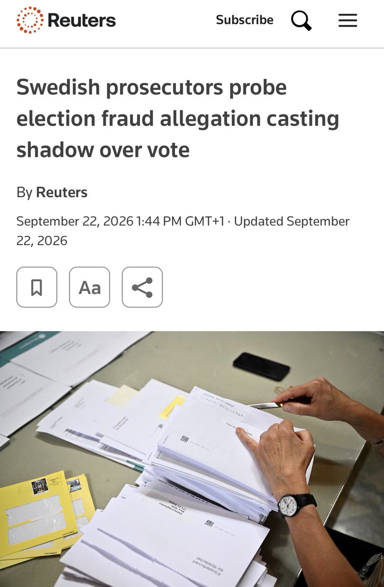 Nick_Delehanty's tweet photo. Swedish Election Fraud 🇸🇪 

“Stockholm police said they had started the preliminary investigations after receiving five complaints”

“Two of the cases also involved complaints of potential vote-buying, a police spokesperson added, declining to go into more detail”

“Prosecutors said they were looking into potential fraud in the central Swedish town of Borlange, a case that ‌could ⁠put 11 parliamentary seats in play if the Election Review Board decides to order a re-run.”

“the investigation centres on the election of Mohamed Abdukardir Ali, a Left Party candidate for parliament, who unexpectedly overtook other representatives on the ⁠ballot for the Party”

“The Left Party said on Tuesday Ali would take a leave of absence while the allegations were being investigated.”

Why is Reuters the only mainstream media reporting on this??
