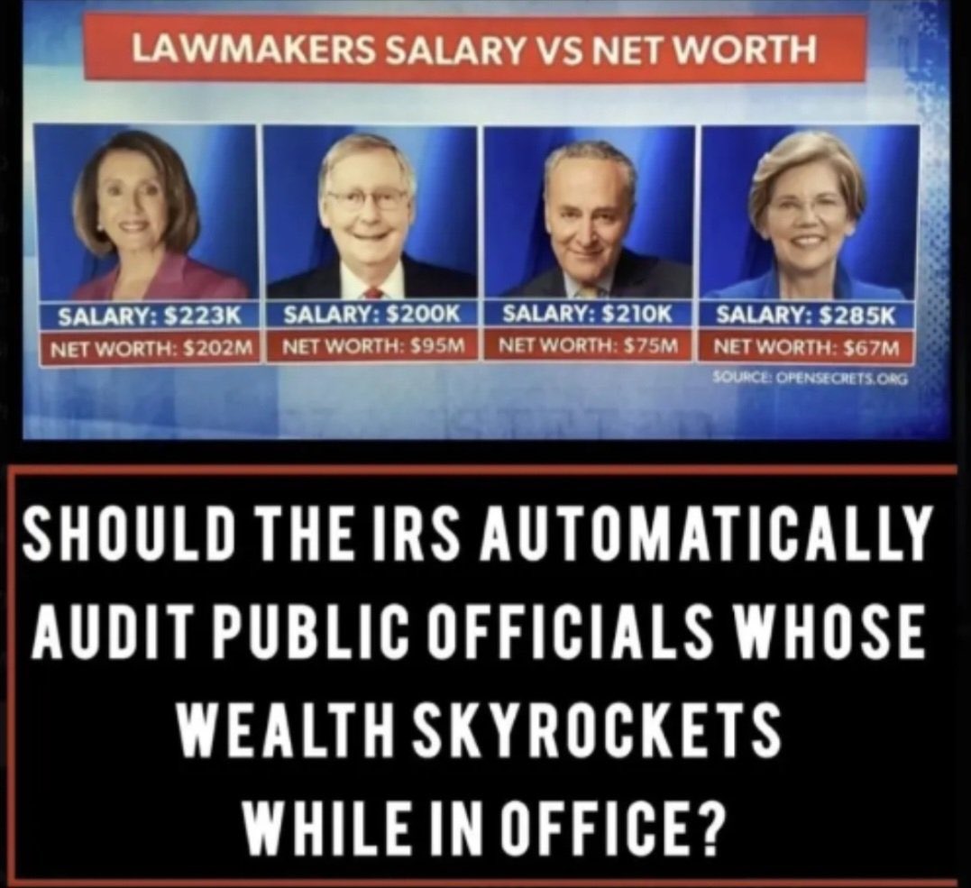 __Real_JFK_Jr__'s tweet photo. Pelosi- ($202M- $405M)
McConnell- ($95M)
Schumer - ($75M) 
Warren - ($67M)

If you want @SecScottBessent to audit members of Congress who's net worth far exceed their annual income, let him know.. he'll see this https://t.co/TpwzOKN7Sa