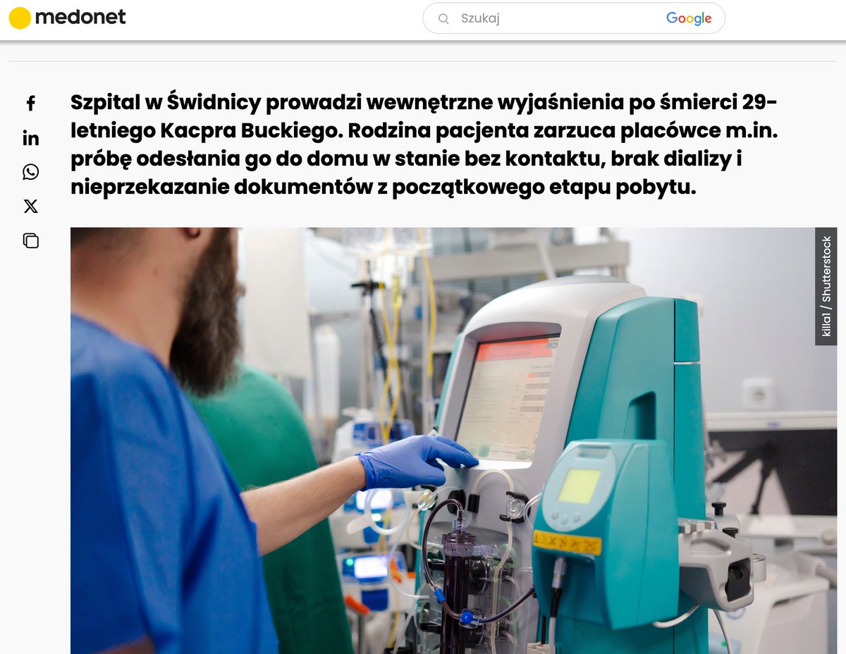 KonradKrajewsk6's tweet photo. Tragedia w Świdnicy. 29-letni pacjent z niewydolnością nerek zmarł po tym, jak w dniu planowanej dializy trafił na konsultację psychiatryczną zamiast do stacji dializ.

Relacja rodziny i fakty:
• Mężczyzna wymagał dializ 3 razy w tygodniu. 
• Zamiast zabiegu przewieziono go na konsultację – lekarz psychiatra miał ocenić stan jako ciężki somatycznie i odmówić hospitalizacji psychiatrycznej. • Po dwóch zatrzymaniach krążenia 29-latek trafił na OIT, gdzie zmarł 5 września. 
• Bliscy zarzucają placówce https://t.co/tysPbYL8Rg. wcześniejszą próbę odesłania go do domu bez kontaktu oraz brak części dokumentacji.

Szpital w Świdnicy prowadzi wewnętrzne postępowanie wyjaśniające w tej sprawie.

Czy w polskich szpitalach procedury ratowania życia wciąż przegrywają z chaosem organizacyjnym? Co o tym sądzicie?