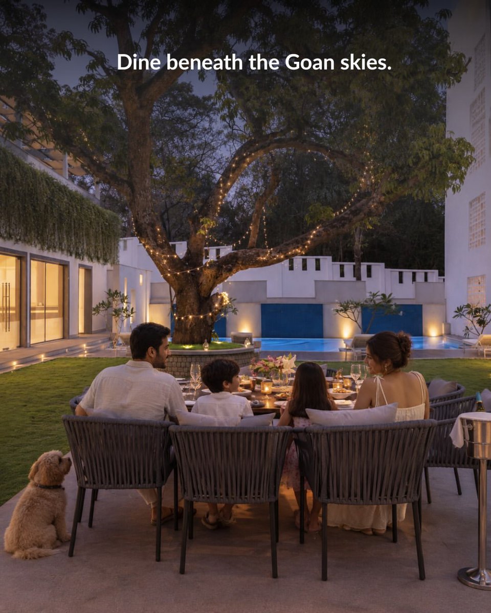 yellowhousegoa's tweet photo. Dine beneath the open Goan sky, where the last light lingers on old walls, palms whisper in the evening breeze, and dinner unfolds at its own unhurried pace. At The Yellow House, Goa, come for the table, stay for the feeling. https://t.co/uBlnBF1JRY