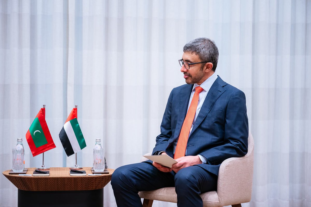 IruthishamAdam's tweet photo. 🌍It was a great honour and pleasure to have an audience with His Highness Sheikh Abdullah bin Zayed Al Nahyan @ABZayed Deputy Prime Minister and Minister of Foreign Affairs of the UAE, on the sidelines of #UNGA81HLW.

I conveyed @MMuizzu and @presidencymv government 's heartfelt appreciation for the UAE’s generous assistance and valuable contributions to the development of the Maldives. 

We discussed further strengthening our longstanding brotherly relations, expanding economic and development cooperation through promotion of trade, investment, tourism, labour, agriculture and renewable energy projects . 

Highlighted the high level participation and importance Maldives' attaches to the 2026 UN Water Conference hosted by UAE. With the desire to advance  our shared priorities we also exchanged views on the situation in the Middle East and reaffirmed our commitment to continued close engagement in regional and multilateral forums.

🇲🇻🤝🇦🇪
@presidencymv 
@MoFAmv 
@MVPMNY 
@MDVinGeneva 
@MDVinUAE 
@UAEEmbassyMale 
@Saeed_Hajeri 

#MDVatUNGA81