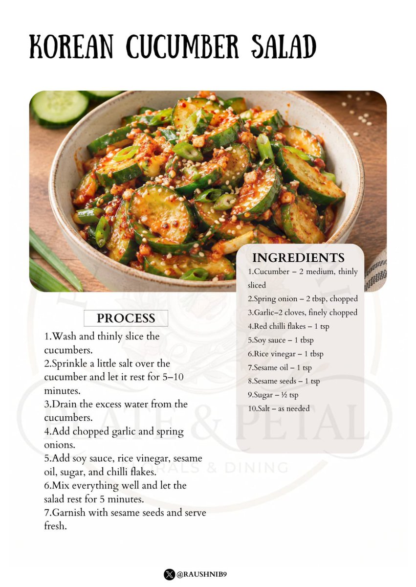 Raushnib9's tweet photo. #OiMuchim #KoreanFood #VegetarianRecipes #CucumberSalad #EasyRecipes #PlateAndPetal 🌱 https://t.co/LjKM33o7EY