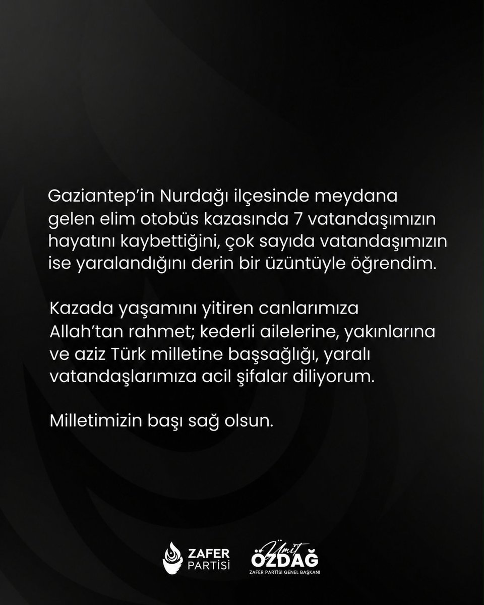 umitozdag's tweet photo. Gaziantep’in Nurdağı ilçesinde meydana gelen elim otobüs kazasında 7 vatandaşımızın hayatını kaybettiğini, çok sayıda vatandaşımızın ise yaralandığını derin bir üzüntüyle öğrendim.

​Kazada yaşamını yitiren canlarımıza Allah’tan rahmet; kederli ailelerine, yakınlarına başsağlığı, yaralı vatandaşlarımıza acil şifalar diliyorum.