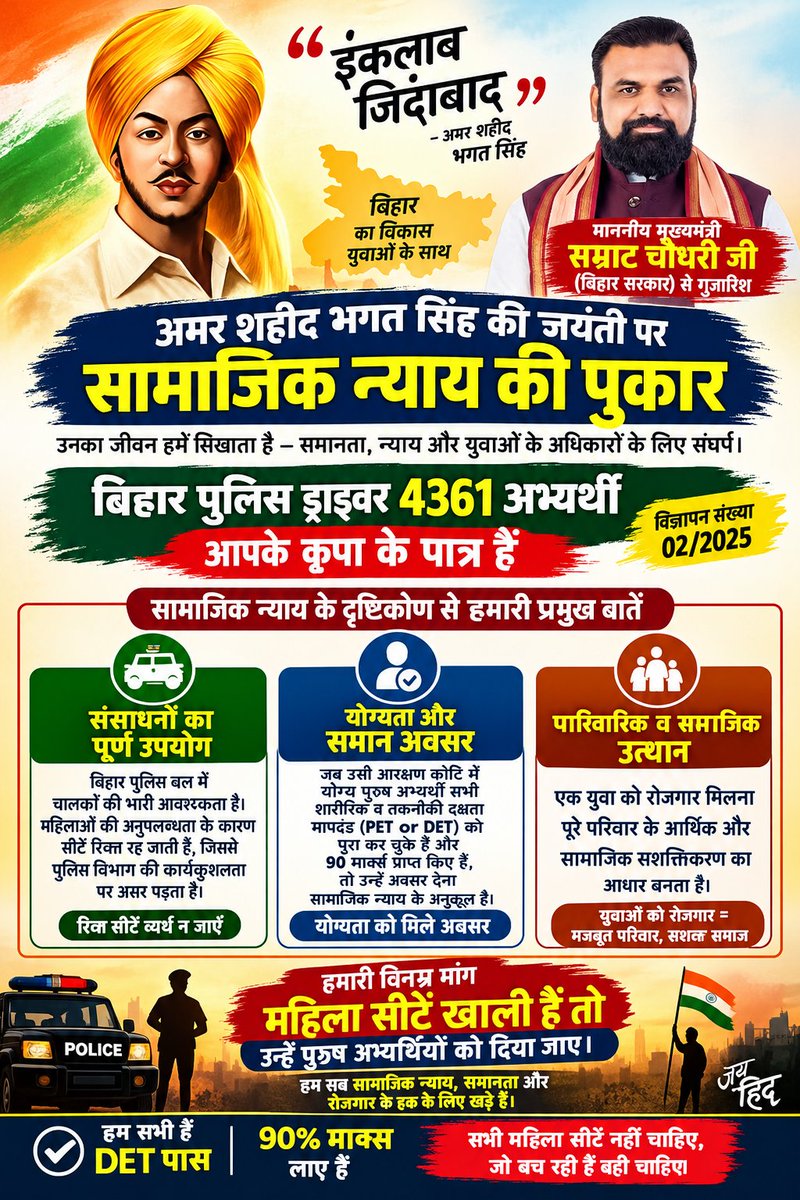 vikeswan's tweet photo. भगत सिंह जी की जयंती पर मुख्यमंत्री @samrat4bjp जी से अपील बिहार पुलिस ड्राइवर भर्ती में महिलाओं की रिक्त जाने वाली सीटों पर उसी कोटि के योग्य पुरुष को अवसर देकर युवाओं के साथ सामाजिक न्याय करें #bhagatsingh @officecmbihar 
#महिला_खाली_सीट_पुरुषों_को_दो
#VacantSeatToMale_BPDriver https://t.co/LETHQ2ZgB2