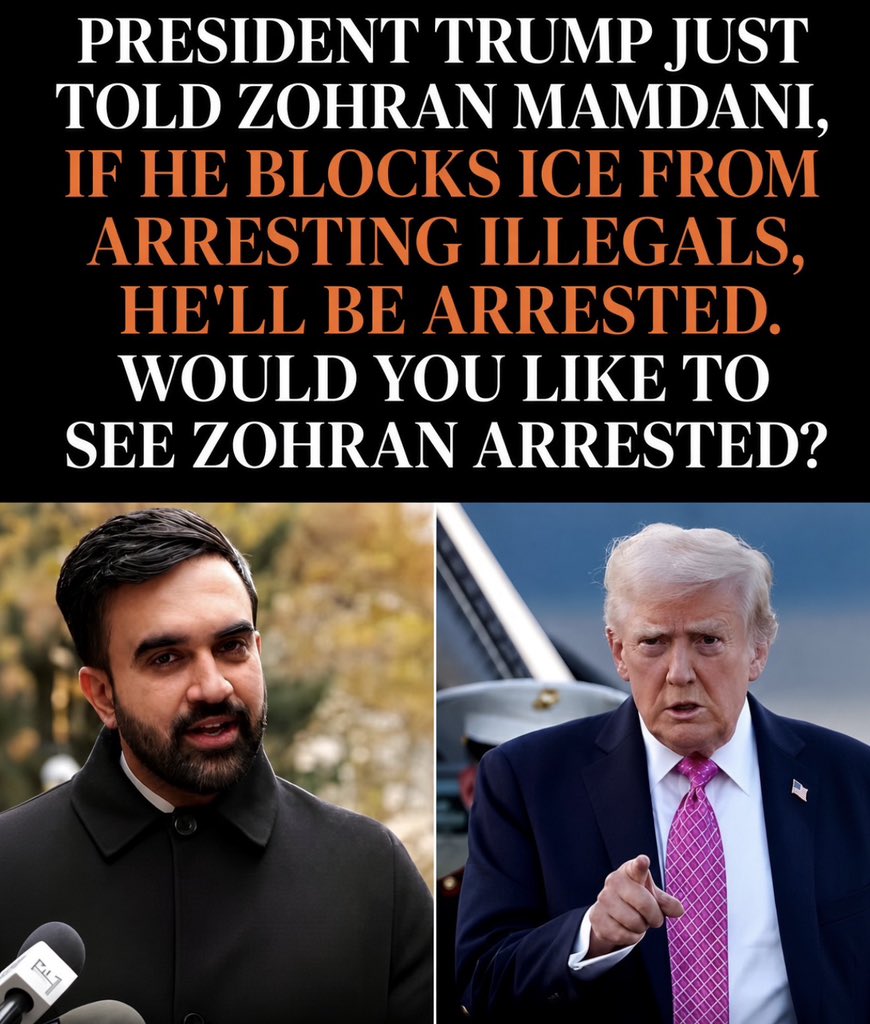 Luna_Jones79's tweet photo. TRUMP WARNS ZOHRAN MAMDANI THAT HE COULD FACE ARREST IF HE INTERFERES WITH ICE ENFORCEMENT.

SHOULD MAMDANI FACE ARREST IF HE BREAKS THE LAW? https://t.co/VY2W5Qir9X