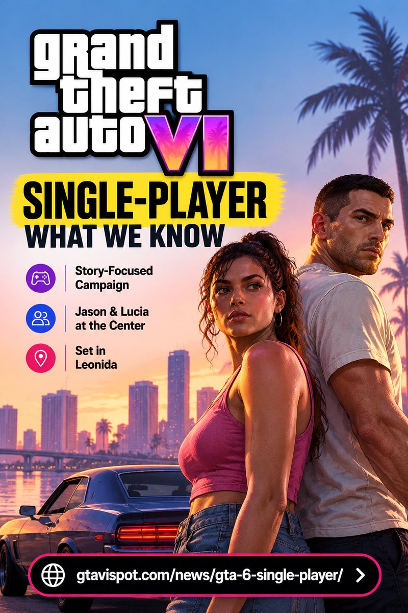 GTAVISPOT's tweet photo. 🎮 GTA 6 Single-Player: What We Know

Jason + Lucia.
Leonida.
A story-focused campaign. 👀
But what about GTA Online? Rockstar’s current messaging leaves some questions unanswered.
Full breakdown 👇
 https://t.co/pQJh7aRpsD

#GTA6 #GTAVI #RockstarGames https://t.co/Dpl0asNjXO