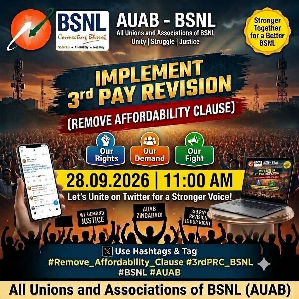 bks196968's tweet photo. Implement 3rd Pay Revision Remove affordability clause #3rdPRC_BSNL
@PMOIndia
@AUAB5564
@CMDBSNL
@sneachq @Rashikendra_D https://t.co/eDxibWLibT