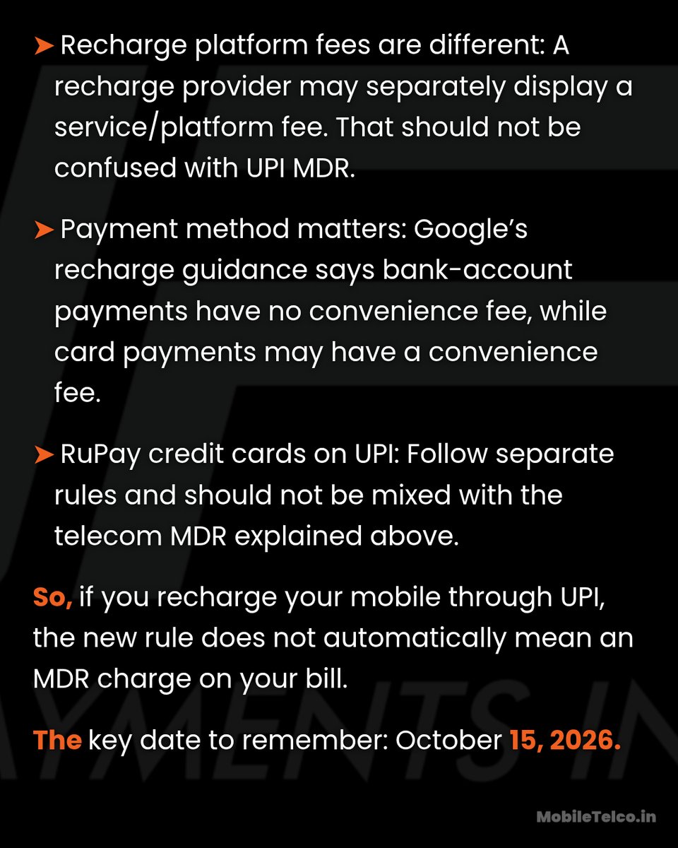 MobileTelco24's tweet photo. From Oct 15, 2026: Telecom UPI payments above ₹2,000 have a flat ₹5 MDR on the merchant side. Customers aren’t directly charged MDR. Platform/recharge fees are separate. #UPI #MobileTelco https://t.co/3Z3HtRjYtR