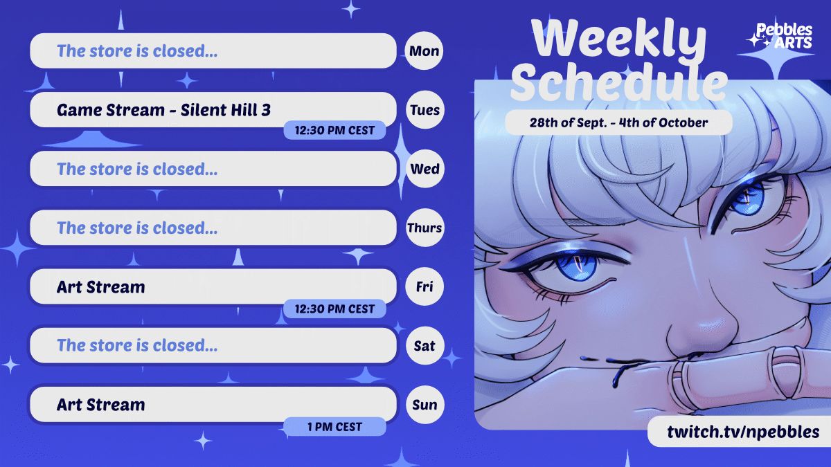 pebbles_arts's tweet photo. I hope this week goes over without a hitch!! We're updating our assets, we're working on a new model!! Also my bestie is going on vacation soon and I miss them already- 

✨ TUE / Game Stream: Silent Hill 3
✨ FRI / Art Stream
✨ SUN / Art Stream https://t.co/ZhVlMyzw8n