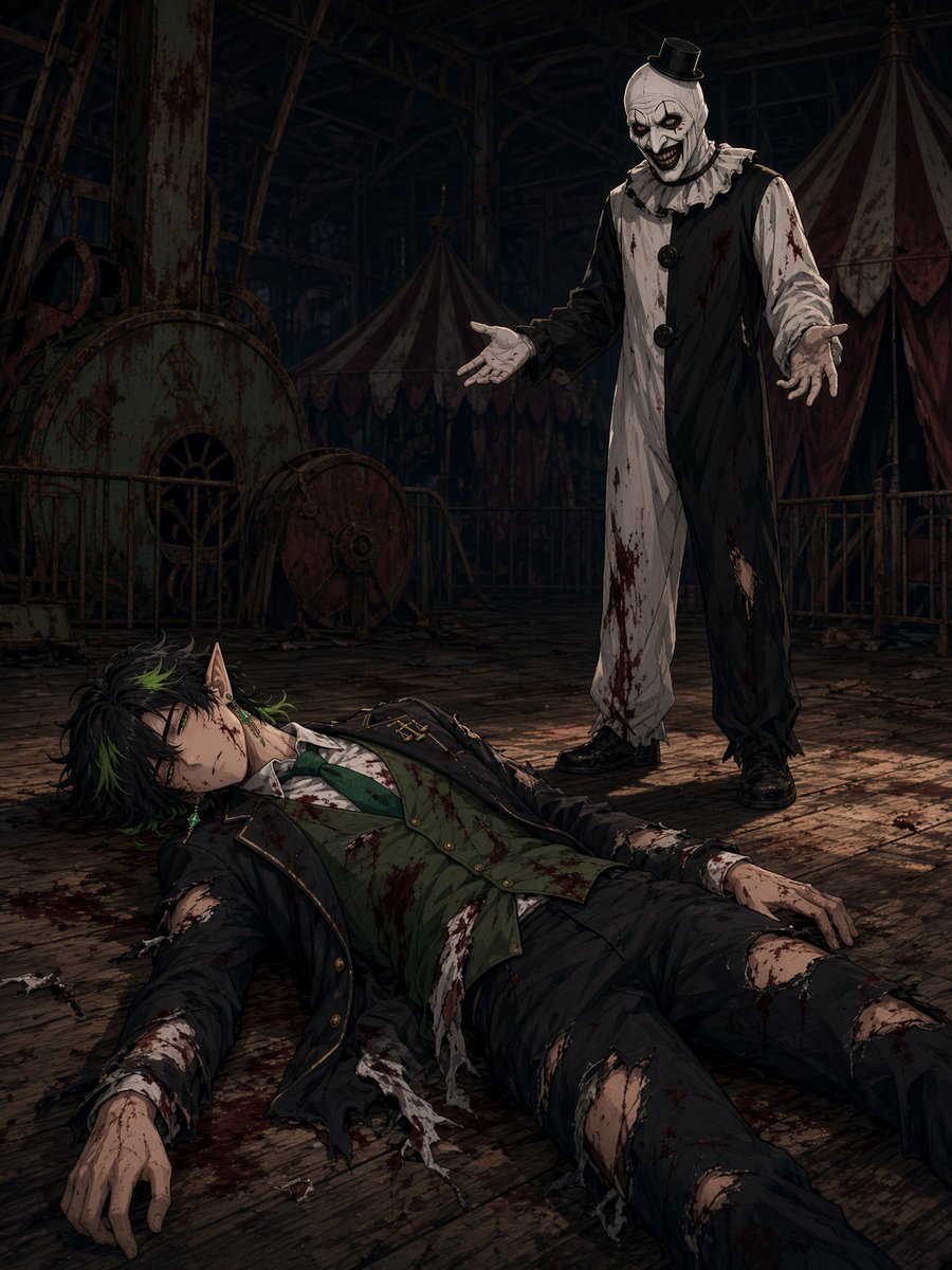 LegalElf's tweet photo. 🔥🎃Prompt Drop🎃🔥
🎃Halloween Killer Game Week 2 🎃

Killer: Art the Clown 

Prompt: https://t.co/rywfGqfy5G

Description: Run the prompt and see if you get away or if you're killed by Art the Clown.

Runs in Grok Imagine or GPT (Note GPT doesn't always like how much violence is in the image. Grok doesn't care) 

#fomxart
Examples: