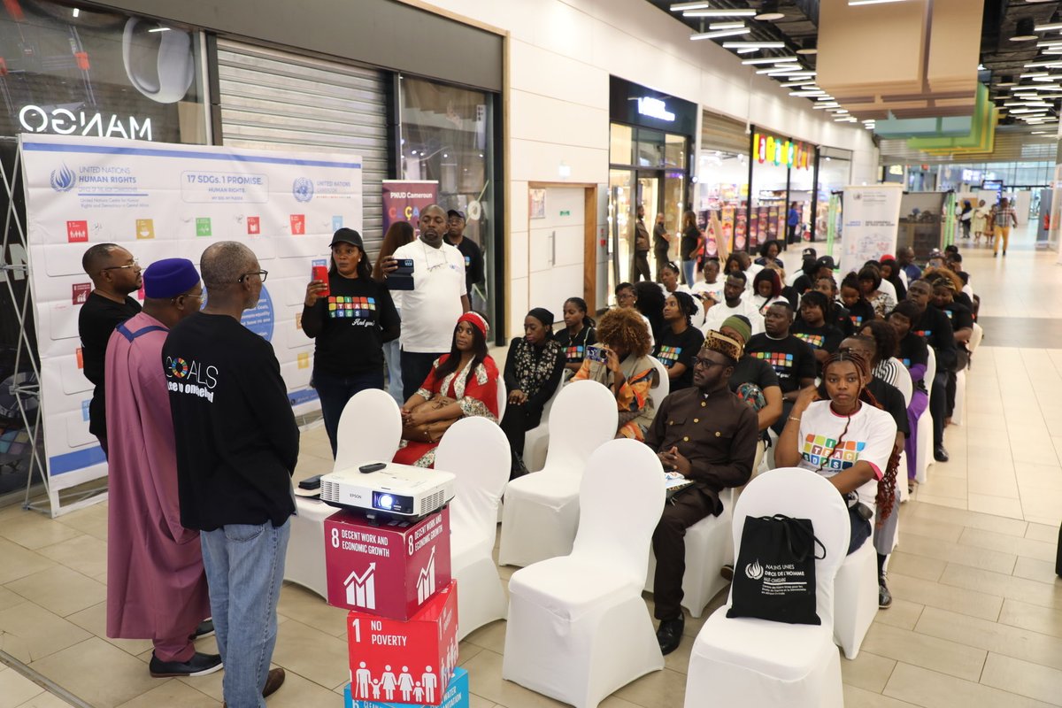 UN_Cameroon's tweet photo. As part of #SDGWeekOfAction, the UN Human Rights Office for Central Africa engaged young people at #PlaYce, Yaoundé, on Friday through an educational outreach on human rights and the SDGs—empowering youth to be active partners in advancing sustainable development. #YouthForSDGs https://t.co/XhCq2eclxx